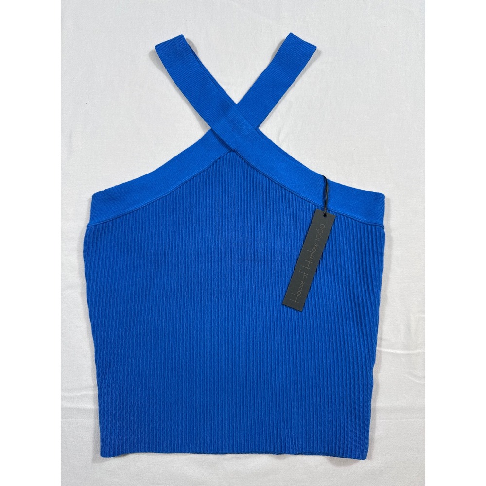 House of Harlow 1960 Blue Ribbed Cross Front Halter Knit Top Large NEW